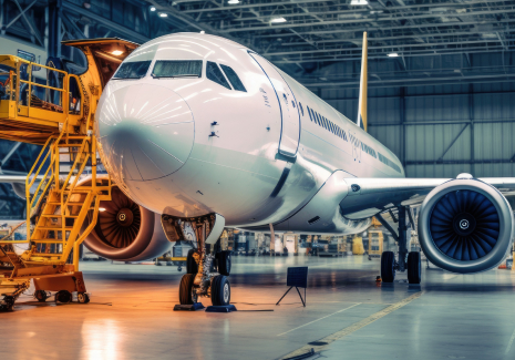 An airplane in a hanger.